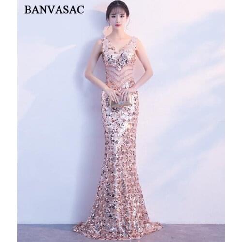 BANVASAC 2019 Deep V Neck Sequined Mermaid Long Evening Dresses Elegant Illusion Crystal Backless Party Prom Gowns