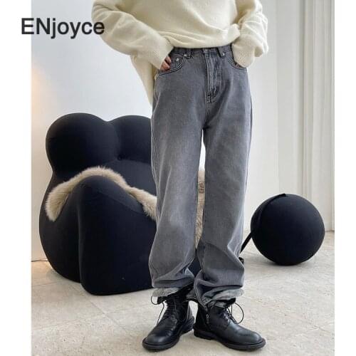 Winter Cotton Gray High Waist Wide Leg Jeans Women Casual Loose Straight Denim Trousers Female Thick Fleece Warm New Pants 2020
