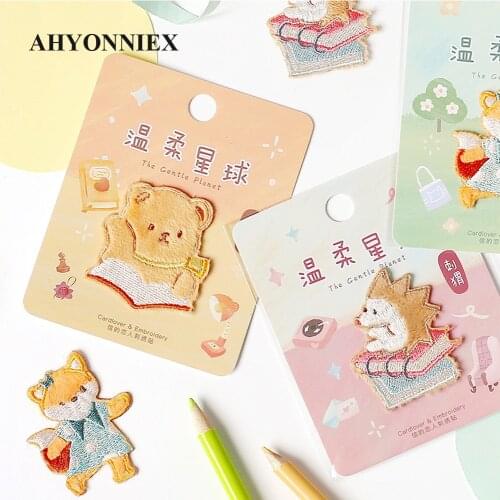 AHYONNIEX 1 Piece Embroidered Cute Fox Bear Cat Patches Clothes Bags DIY Applique Embroidery Parches Iron On Patch for Clothes