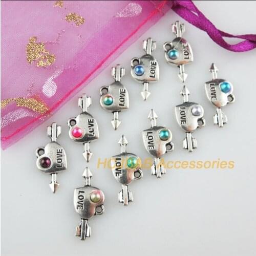 30 New Love Heart Charms Mixed Acrylic Arrow Pendants Tibetan Silver Tone 10x21mm
