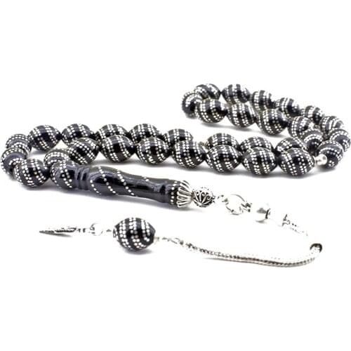 925 sterling Silver Double Row Embroidered Erzurum Oltu stone Rosary