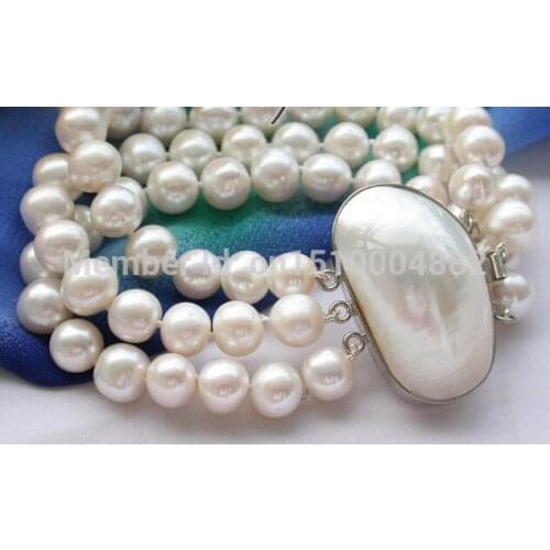 Free shipping 3row 8-9mm white round freshwater pearl bracelet