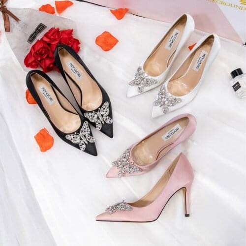 White Pink Black Women Bridal Wedding Shoes Faux Silk Satin Rhinestone Crystal Shallow Woman Pumps Stiletto High Heel