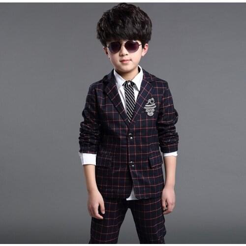 Gentlemen Boys Clothing Sets Wedding Boys Clothes Plaid Blazers Sets Owl Armband Big Boys Clothes Sets Top Jackets + Pants 2PCS