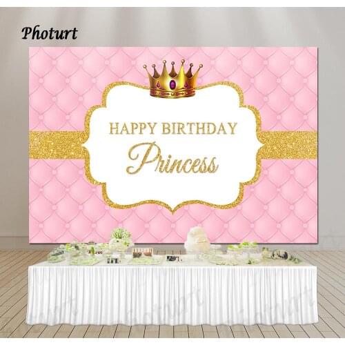 PHOTURT Royal Crown Backdrop Kids Birthday Wedding Background Pink Golden Glitter Polyester Vinyl Photography Banner Photo Props