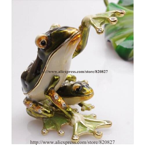 Crystal and Painted Metal 2 Frogs Treasure Keepsake Box Saying Hello Froggy Jewelry Trinket Box