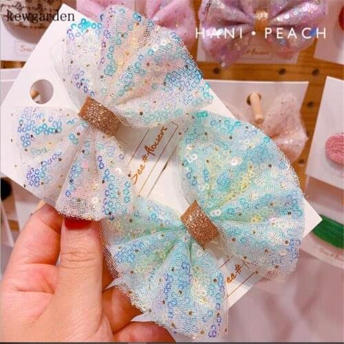 Kewgarden Cute Girls Sequin Gauze Organza Ribbon Bowknot Hairpins Hairbow Barrettes Hairclip Headwear Accessories 2Pcs