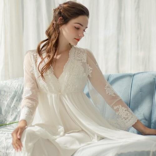 Summer Womens 2-Pics Robe Sets V-neck Long Sleeve Royal Roupas De Dormir Femininas White Embroidered Lace Sexy Sleepwear 17269