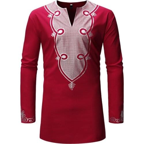 Mens Red African Dashiki Print Dress Shirts Nice Brand New Long Sleeve African Clothes Hiphop Streetwear Camisa Social Masculina