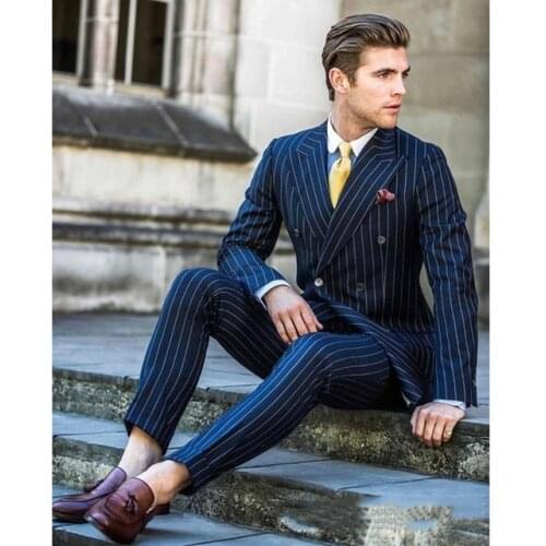 2019 Navy Blue Stripe Double Breasted Men Suit Wedding Prom Groom Costume Homme Tuxedo Custom Style Men Suits 2pcs(Jacket+Pant)