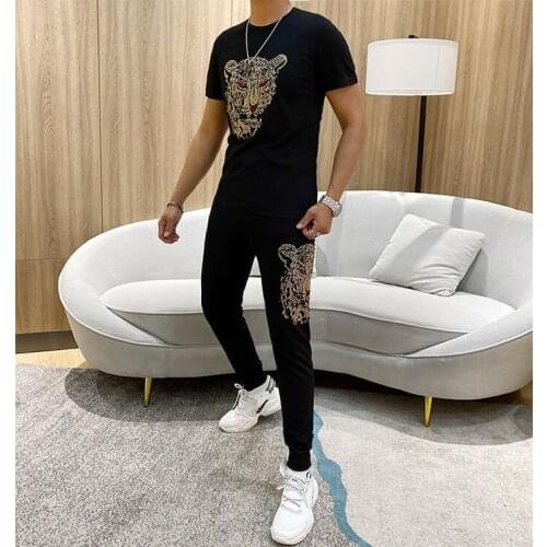 100% cotton Men summer tracksuit Shirts 2021 new designer Summer Top hot drilling set for man