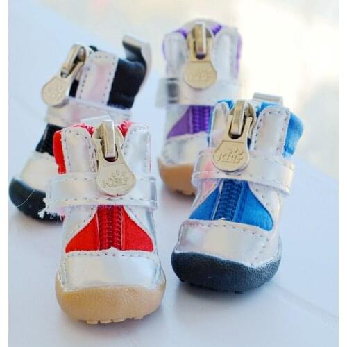 Zipper Non-slip Botton Pet Dog Shoes For Teddy Bichon Chihuahua Puppies PU Bulldog Boots Waterproof Spring And Autumn 4pcs/set