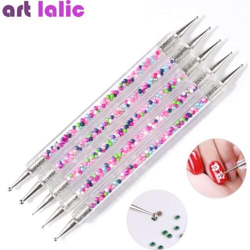 5Pcs Set UV Gel Painting Drawing Nail Art Dot Point Dotting Pen Acrylic Caviar 2 Way Brush Salon Decorations Manicure Tools Kit