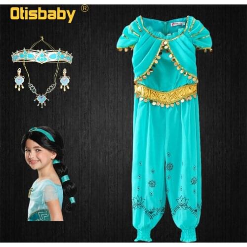 Fancy Princess Jasmine Dress Up for Girls Kids Halloween Sequined Jasmine Cosplay Costume Wig Child Arabian Costumes Jumpsuit