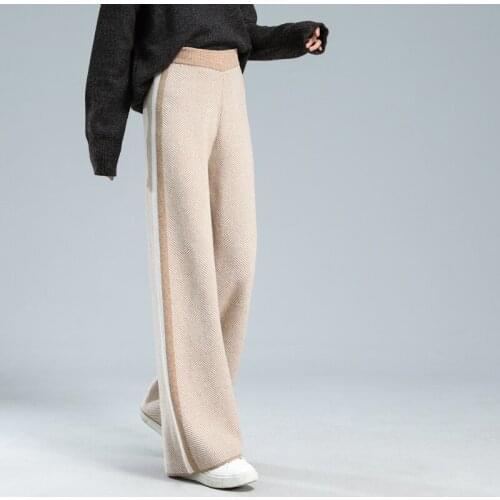 2021 New Autumn Winter Women 100% Wool Pants Soft Waxy Comfortable High-Waist Knitted Female Cashmere Thicken Wide Leg Pant