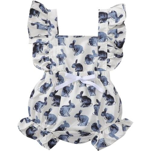 New Infant Sleeveless Romper Cartoon Animal Print Bow Decoration Ruffle Elastic Waist Summer Outfit