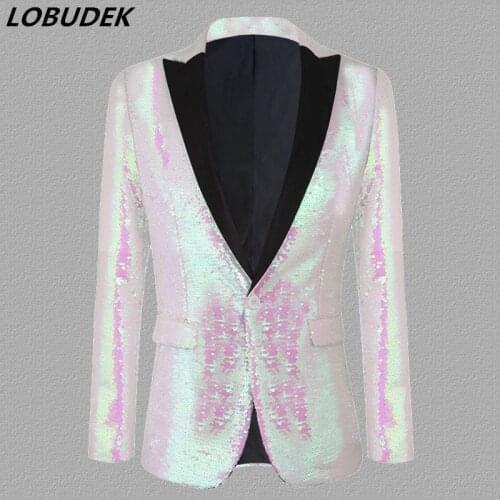 Plus Size White Reflective Sequins Suit Jacket Fashion Slim Shawl Collar Sequined Blazers Tuxedo Stage Clothes Prom Wedding Coat