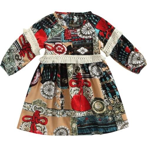 Toddler Baby Girl Retro Printed Dress Tassel Long Sleeve Round Neck Ruffle A Line Dress Autumn Children Infant Cute Dress