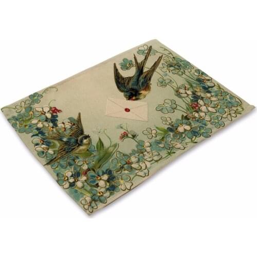 Cartoon Bird Printed Western Pad Retro Flower Cotton Linen Table Placemat Insulation Disc Bowl Dining Table Mat Coasters