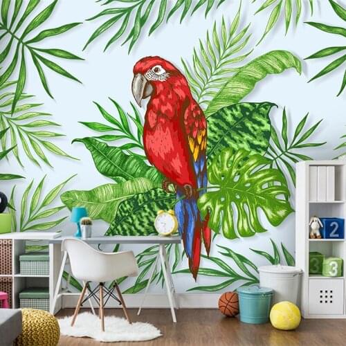 Custom Mural Wallpaper 3D Hand Painted Tropical Plants Leaf Bird Childrens Room Background Wall Painting Papel De Parede Sala