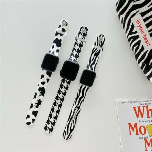 Glossy Black White Milk Cow Zebra Loop Strap for Apple Watch 6 5 4 3 2 1 SE Sport Bracelet Band