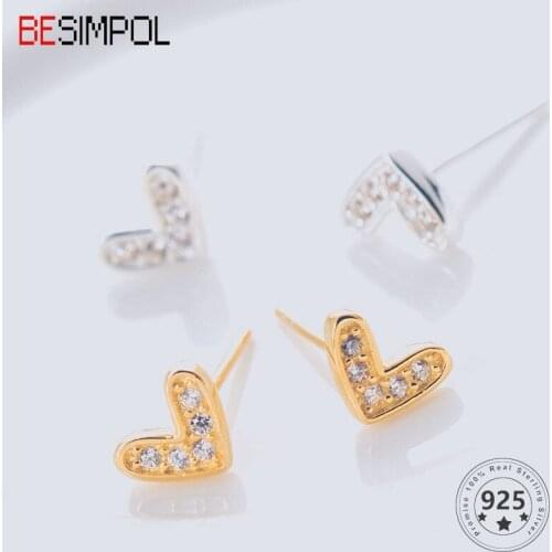 Besimpol Real Sterling Silver Earring Elegant Pretty Heart Zircon Stud Earrings For Women Minimalist Temperament Fine Jewelry