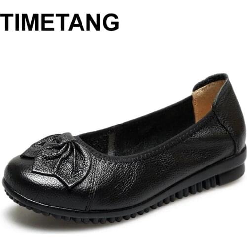 TIMETANG 2021 Summer Real Leather Flat Shoes Women Slip-On Bowknot Soft Bottom Comfortable Low Heel Genuine Leather Female Shoe