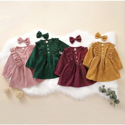 Baby Girl Corduroy Dress, High-Waist Midi, Long Sleeve Round Collar Ruffle Buttons Princess Pleated Fall Dress Hair Clip 6M-5T