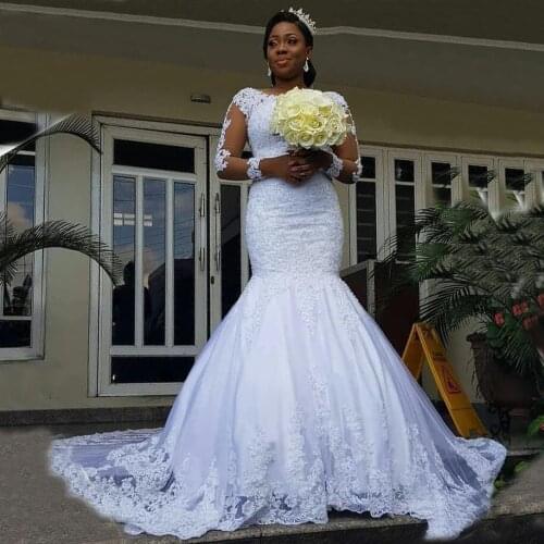 Vintage Lace Mermaid Wedding Dresses 2020 New Design Applique Court Train Illusion Long Sleeve African Bridal Gowns