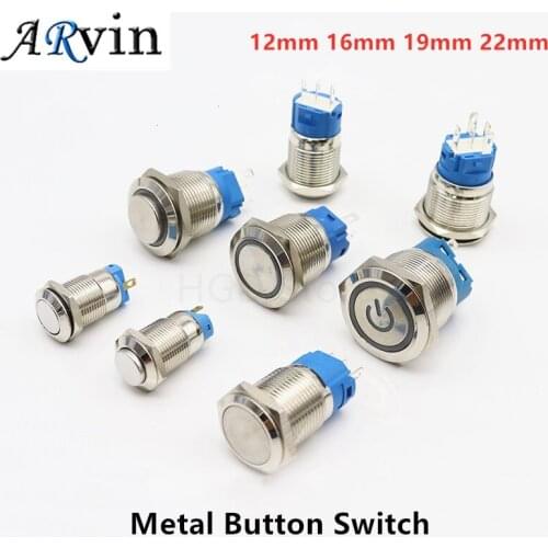 12/16/19/22mm Waterproof Metal Push Button Switch LED Light Momentary Latching Car Engine Power Switch 5V 12V 24V 220V Red Blue