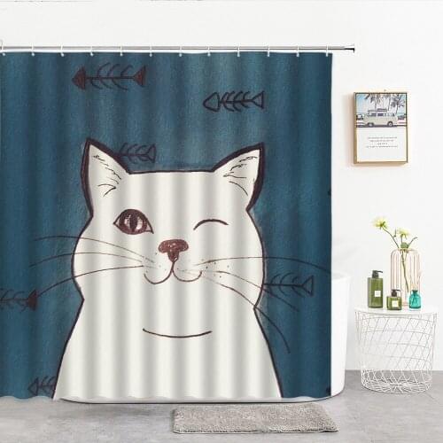 Cute And Funny Cat Shower Curtains Hand Painted Cartoon Animal Dark Blue Background Decor Curtain For Bathroom Bathroom Products