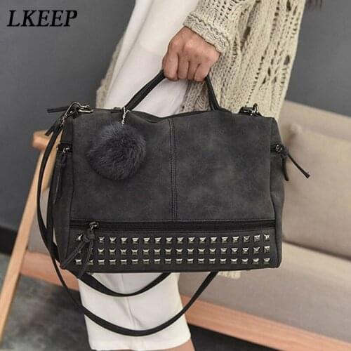 Vintage Nubuck Leather Ladies Messenger Bag Rivet Larger Women Bags Hair Ball Shoulder Bag Motorcycle Handbags Top-Handle Bag