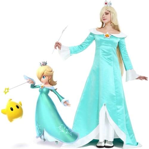 Galaxy Rosalina Cosplay Costume with Crown Earrings Woman Light Blue Dress Halloween Outfit