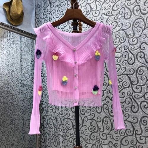 2021 Autumn Fashion Sweater Cardigans High Quality Women V-Neck Sexy Tulle Mesh Patchwork Long Sleeve Casual Purple Tops Coat