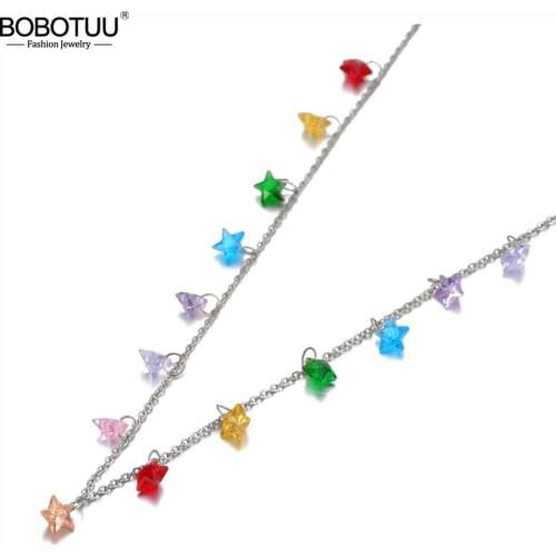 BOBOTUU Fashion Stainless Steel Colorful Star CZ Crystal Choker Necklace Rose Gold Beautiful Chain Necklace For Women BN20088