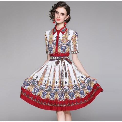 2021 Womens Summer Prom Dress French Court Style Lapel Print Short-sleeved Lace-up Dress New Female Slim Dresses X131