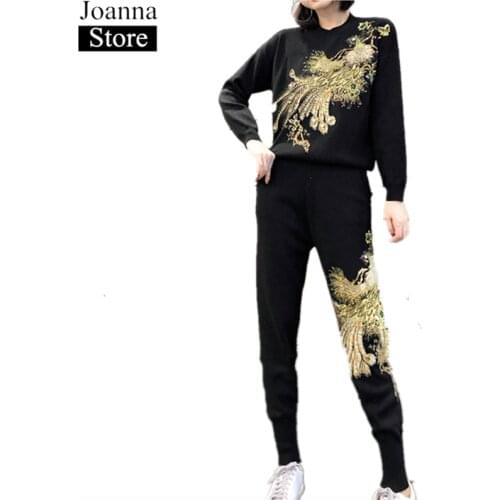 Winter New Peacock Bead Embroidery Set Women Knitted Sweater Warm Tracksuits Female Casual Knitted Slim Harem Pants Vintage Suit