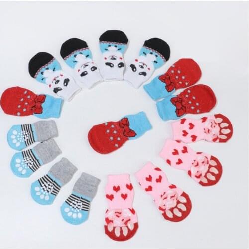 4Pcs/set Cute Cotton Rubber Pet Dog Socks Shoes Anti-Slip Cat Shoes For Autumn Winter Indoor Wear Slip On Paw Protector