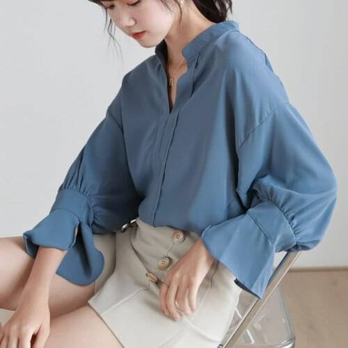 Bornsra 2020 Summer V-neck Women Chiffon Shirt Puff Sleeve Ruffles Nine Quarter Casual Short Blouse Women and Female Tops