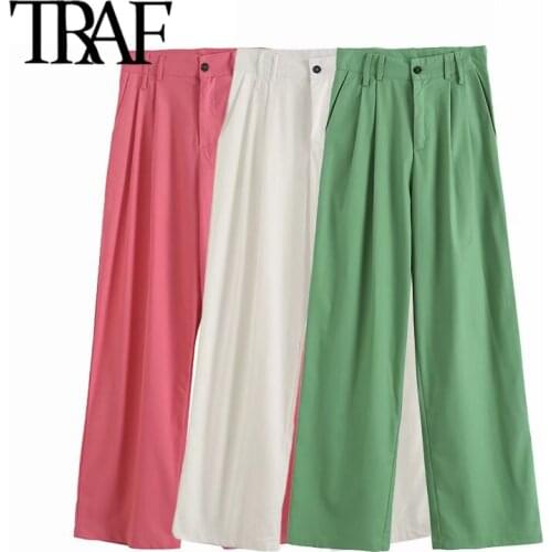 TRAF Women Fashion Side Pockets Loose Linen Wide Leg Pants Vintage High Waist Zipper Fly Female Trousers Mujer