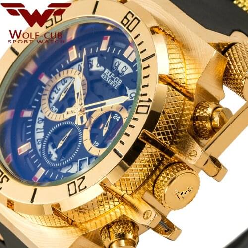 WOLF-CUB Original Creative Golden Men Quartz Wristwatches 3D Dial Design Full Steel Calendar Waterproof Big Watches Chronograph