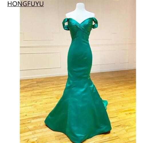 HONGFUYU Satin Off Shoulder vestidos de fiesta Evening Dresses Mermaid Open Back Pleated Prom Party Gowns вечерние платья Long