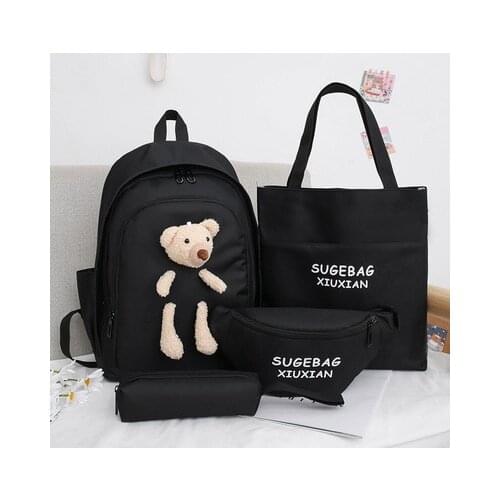 4-piece Set Of Harajuku Style Fashion Womens Backpack Canvas Waterproof School Backpacks Large-capacity All-match Travel Bag