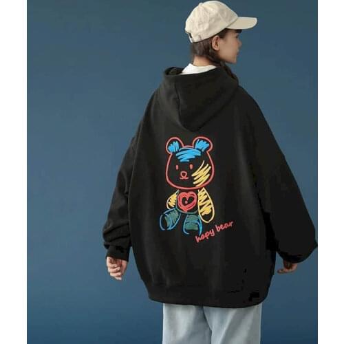 Black Bear Hooded Student Jacket Womens 2021 Autumn Winter New Mens Loose Korean Style Lazy Bf Hedging Plus Velvet Couples Top