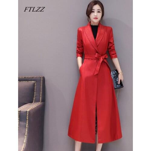 FTLZZ New Women Genuine Sheepskin Jacket Autumn Winter Long Jackets Thicken Genuine Leather Coat Office Lady Trench Outerwear