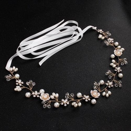 Ribbon Gold Color White Flower Hairbands Wedding Women Hair Jewelry Accessories Pearl Rhinestone Hair Ornament For Bride