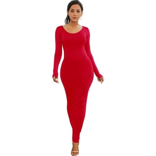 Hot Apparel Summer Spring Autumn Sexy Women Solid Color Long Sleeve Round Neck Bodycon Maxi Dress
