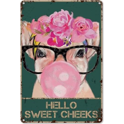 Metal Sign Hello Sweet Cheeks Retro Oil Painting Flower Home Living Room Bedroom Wall Decoration Square Metal Sign 8X12 Inch