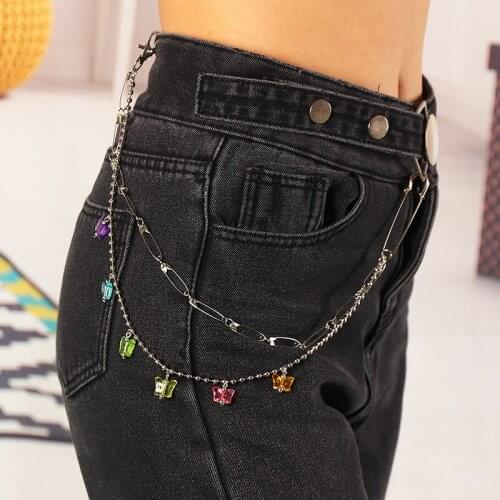 2021 Fashion Safety Pin Colorful Butterfly Pendant Pants Trousers Chain Punk Silver Color Double Layer Waist Keyschain Jewelry
