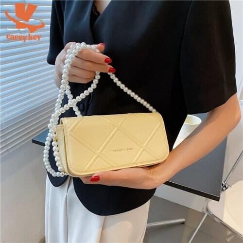 CAREY KEY Fashion Pearl Chain Woman Handbag PU Leather Shoulder Bags Luxury Designer Ladies Messenger Small Square Bag